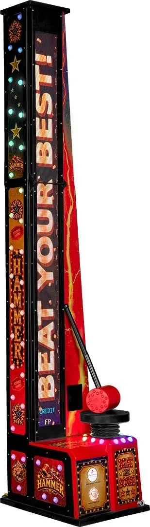 Digital hammer strength tester showing Beat your best on the LED screen