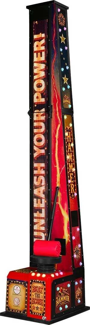 Digital hammer game with LED display reading Unleash your power
